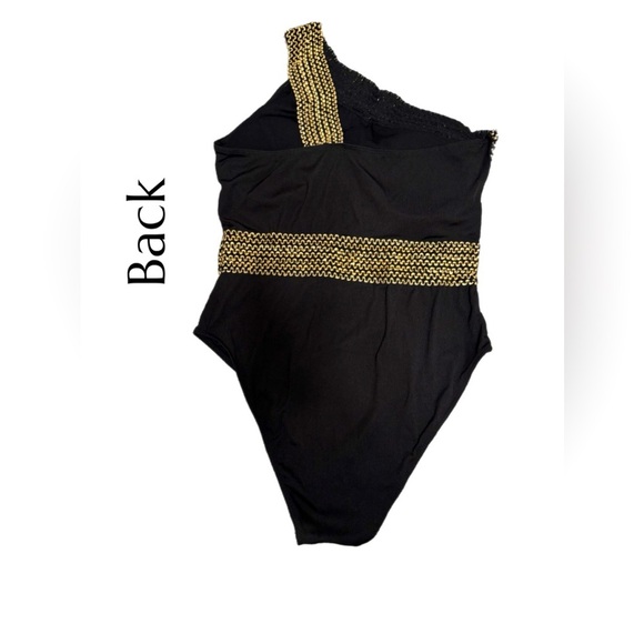 Chic Black and Gold One-Piece Swimsuit with Metallic Accents - Picture 2 of 2